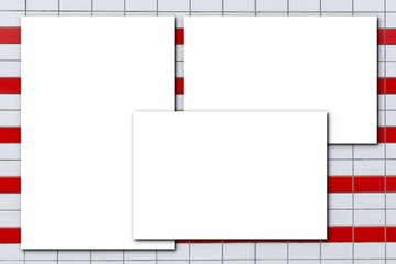 mockup blank three sheet paper on light grey stone background in top view of Mock up for design