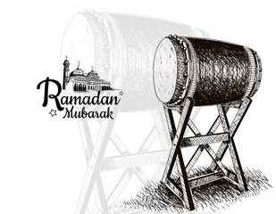 Ramadan Mubarak illustration with traditional drum hand drawn on white background