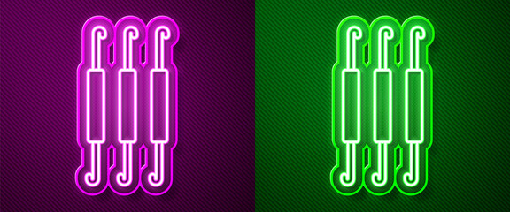 Glowing neon line Crochet hook icon isolated on purple and green background. Knitting hook. Vector