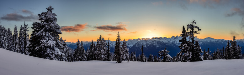 Panoramic View of Canadian Nature Landscape on top of snow covered mountain and trees during colorful spring sunset. Taken on a hike up Elfin Lake in Squamish, North of Vancouver, BC, Canada. - obrazy, fototapety, plakaty