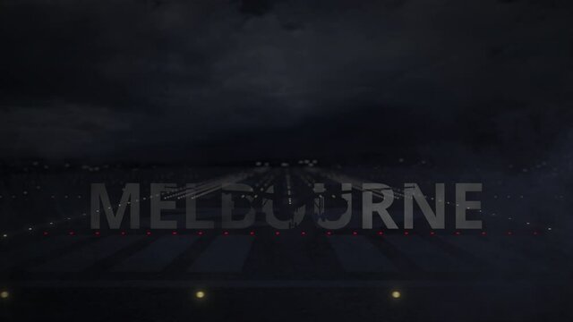 Airplane taking off from the airport with MELBOURNE city name, 3d animation