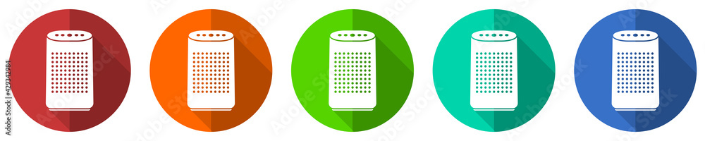 Poster air purifier, ionizer icon set, flat design vector illustration in 5 colors options for webdesign an