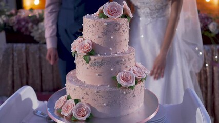 Wedding cake in the banquet hall close-up.