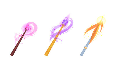 Magic Wands with Fairy Dust and Glow Swirling Around Vector Set