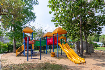 Early morning playground in the park, outdoor playground equipment in public health park