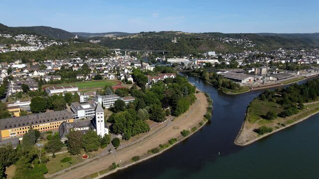 Aerial drone shot of Lahnstein, Germany along the Rhine River.