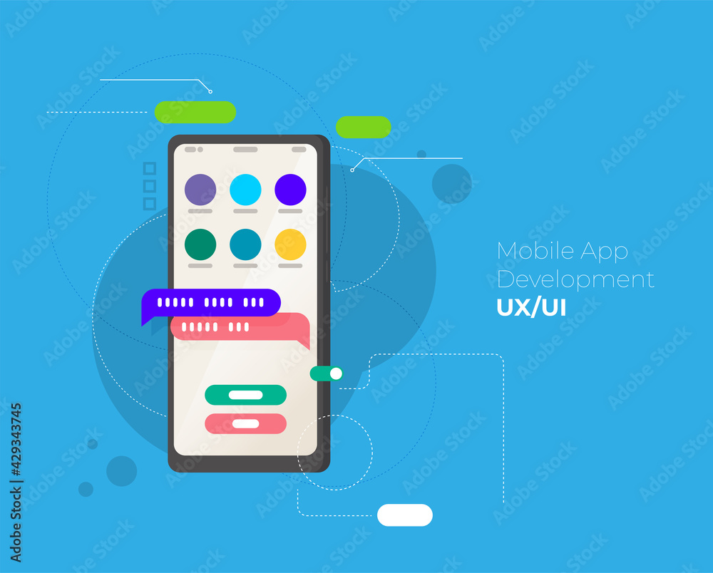 Poster mobile application development concept illustration with teamwork programmers and mobile phone
