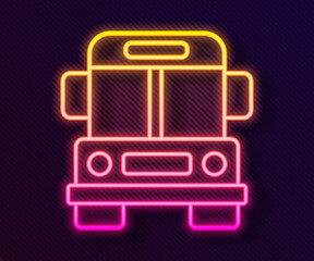 Glowing neon line School Bus icon isolated on black background. Public transportation symbol. Vector