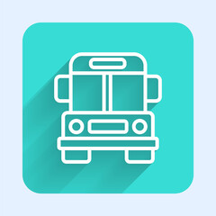 White line School Bus icon isolated with long shadow. Public transportation symbol. Green square button. Vector