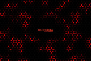 Technology hexagonal vector background. Red bright energy blinks under the hexagon in dark modern futuristic illustration. Black mesh honeycomb texture.