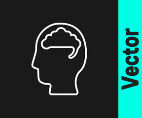 White line Human brain icon isolated on black background. Vector