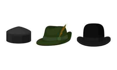 Various Headdress with Black Bowler Hat and Robin Hood Hat with Feather Vector Set