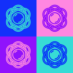 Pop art line Atom icon isolated on color background. Symbol of science, education, nuclear physics, scientific research. Vector
