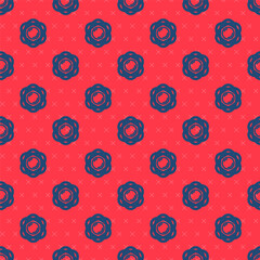 Blue line Atom icon isolated seamless pattern on red background. Symbol of science, education, nuclear physics, scientific research. Vector