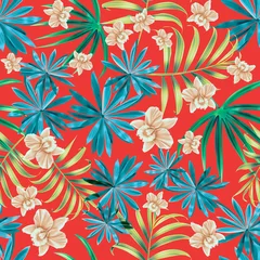 Fotobehang Colourful Seamless Pattern with tropic flowers and leaves. Modern exotic design for paper, cover, fabric, interior decor and other users.... © Natalia @themishaart