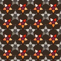 Seamless pattern. Regular rows of curly five-pointed stars. Gray, red, yellow, orange, purple, black. Editable.