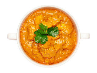 White ceramic bowl of Traditional Chicken Curry isolated on white background with clipping path embedded