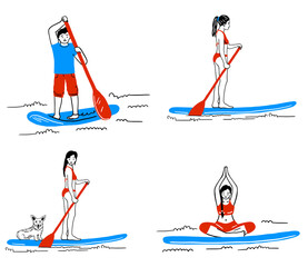 Stand Up Paddle Boarding elements collection. SUP surfing cartoon vector illustration set with young woman, inflatable supboard, backpack, paddle, pump and lettering isolated on a white