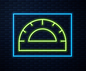 Glowing neon line Protractor grid for measuring degrees icon isolated on brick wall background. Tilt angle meter. Measuring tool. Geometric symbol. Vector