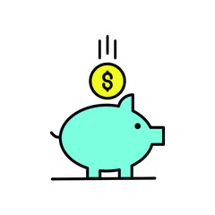 piggy bank and coin Illustration. modern simple vector icon, flat graphic symbol in trendy flat design style. wallpaper. lockscreen. pattern. frame, background, backdrop, sign, logo.
