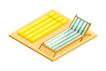 Square Area with Plank Bed and Rubber Raft as Beach Vacation Isometric Vector Illustration