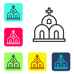 Black line Church building icon isolated on white background. Christian Church. Religion of church. Set icons in color square buttons. Vector