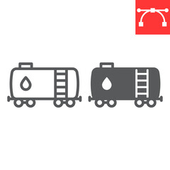 Oil railway tank line and glyph icon, oil train and fuel carriage, oil tank vector icon, vector graphics, editable stroke outline sign, eps 10