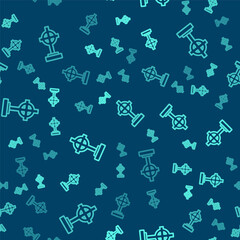 Green line Grave with cross icon isolated seamless pattern on blue background. Vector