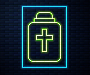 Glowing neon line Funeral urn icon isolated on brick wall background. Cremation and burial containers, columbarium vases, jars and pots with ashes. Vector