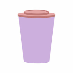 A jpeg illustration of a paper cup with a cap isolated on white background. Designed in lilac and light brown colors for prints, wraps, wallpapers, templates for kids and adults.