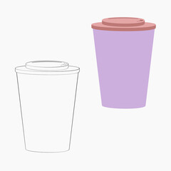A jpeg illustration of two papers cups with caps isolated on white background. Designed in black and white, lilac brown colors for prints, wraps, wallpapers, templates, as a coloring book for kids and