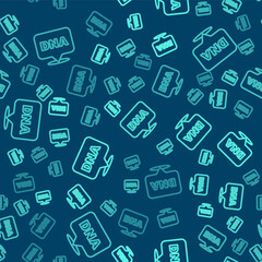 Green line DNA symbol icon isolated seamless pattern on blue background. Vector