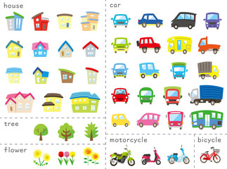 家と車と二輪車と木と花のアイコンセット(カラー)上弦分類バージョン