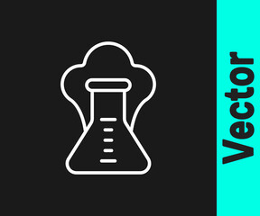 White line Chemical experiment, explosion in the flask icon isolated on black background. Chemical explosion in a test tube. Vector