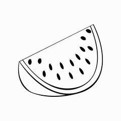 An outline jpeg illustration of a watermelon piece isolated on white background. Designed in black and white colors for prints, wraps as a coloring page for kids and adults.
