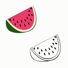 An outline jpeg illustration of two watermelon pieces isolated on white background. Designed in red and green colors for prints, wraps as a coloring page for kids and adults.