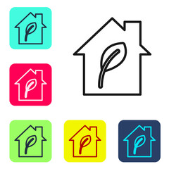 Black line Eco friendly house icon isolated on white background. Eco house with leaf. Set icons in color square buttons. Vector