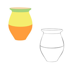 An outline vector illustration of two pots isolated on white background. Designed in black and white, yellow, green, orange colors for wallpapers, templates, as a coloring book for kids and adults