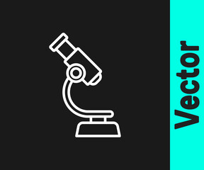 White line Microscope icon isolated on black background. Chemistry, pharmaceutical instrument, microbiology magnifying tool. Vector