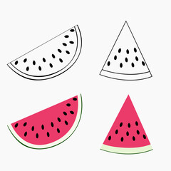 An outline vector illustration of four watermelon pieces isolated on white background. Designed in red and green colors for prints, wraps as a coloring page for kids and adults.