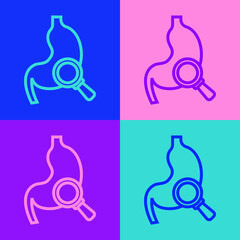 Pop art line Human stomach with magnifying glass icon isolated on color background. Vector