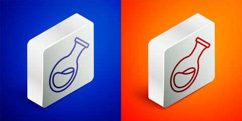 Isometric line Test tube and flask chemical laboratory test icon isolated on blue and orange background. Laboratory glassware sign. Silver square button. Vector