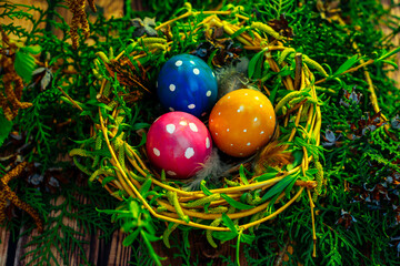 easter eggs in a basket, easter eggs in a nest, holiday, pass, sunday, easter egg, easter cake, egg, eggs, bright easter holiday, nest, holy easter, bright sunday, food, christ's day, easter, colorful