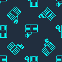 Green line Firework icon isolated seamless pattern on blue background. Concept of fun party. Explosive pyrotechnic symbol. Vector