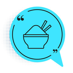 Black line Rice in a bowl with chopstick icon isolated on white background. Traditional Asian food. Blue speech bubble symbol. Vector