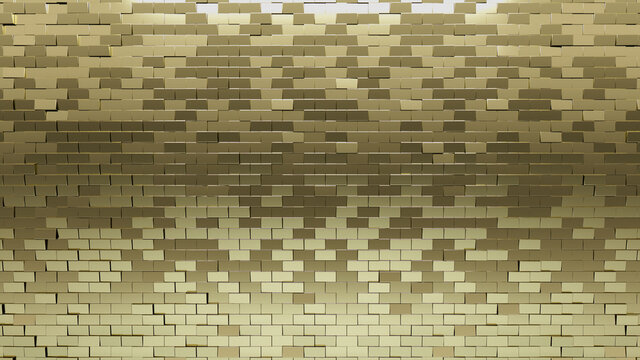 Gold, Rectangle Mosaic Tiles arranged in the shape of a wall. Polished, Glossy, Bullion stacked to create a 3D block background. 3D Render