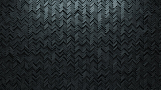 Polished, Concrete Mosaic Tiles arranged in the shape of a wall. Herringbone, 3D, Bricks stacked to create a Semigloss block background. 3D Render