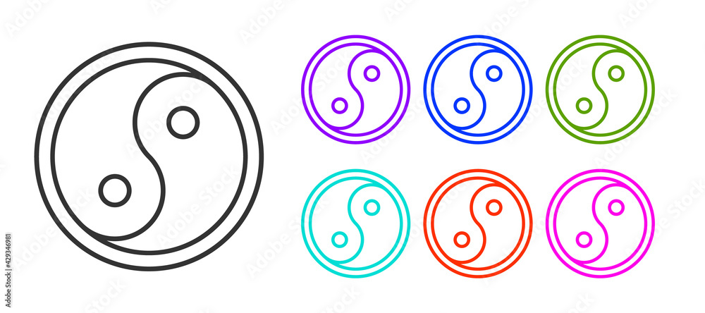 Sticker black line yin yang symbol of harmony and balance icon isolated on white background. set icons color