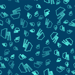 Green line Asian noodles in bowl and chopsticks icon isolated seamless pattern on blue background. Street fast food. Korean, Japanese, Chinese food. Vector