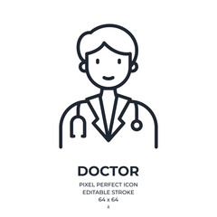 Male doctor editable stroke outline icon isolated on white background flat vector illustration. Pixel perfect. 64 x 64.
